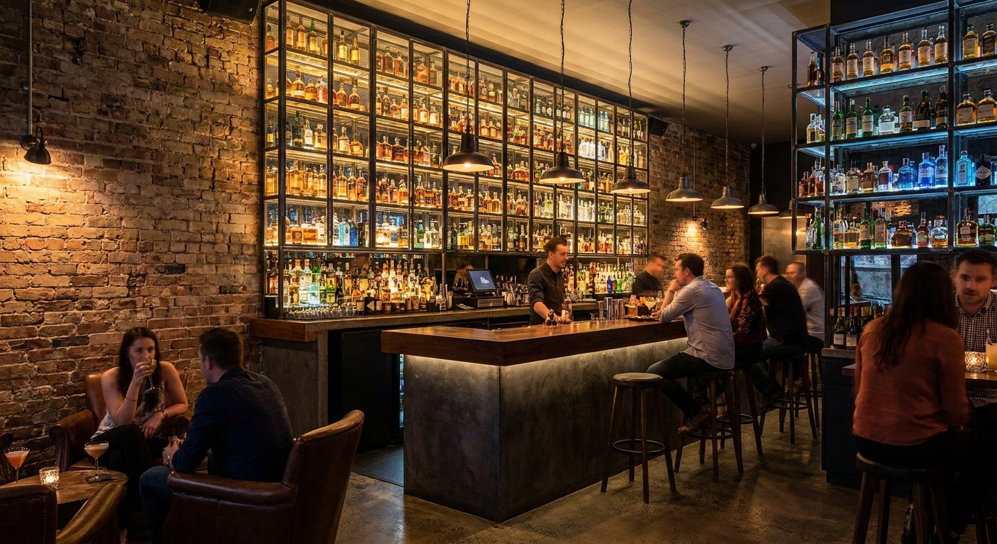 Bar Twelve's dark interior with backlit spirits shelves and a polished bar counter