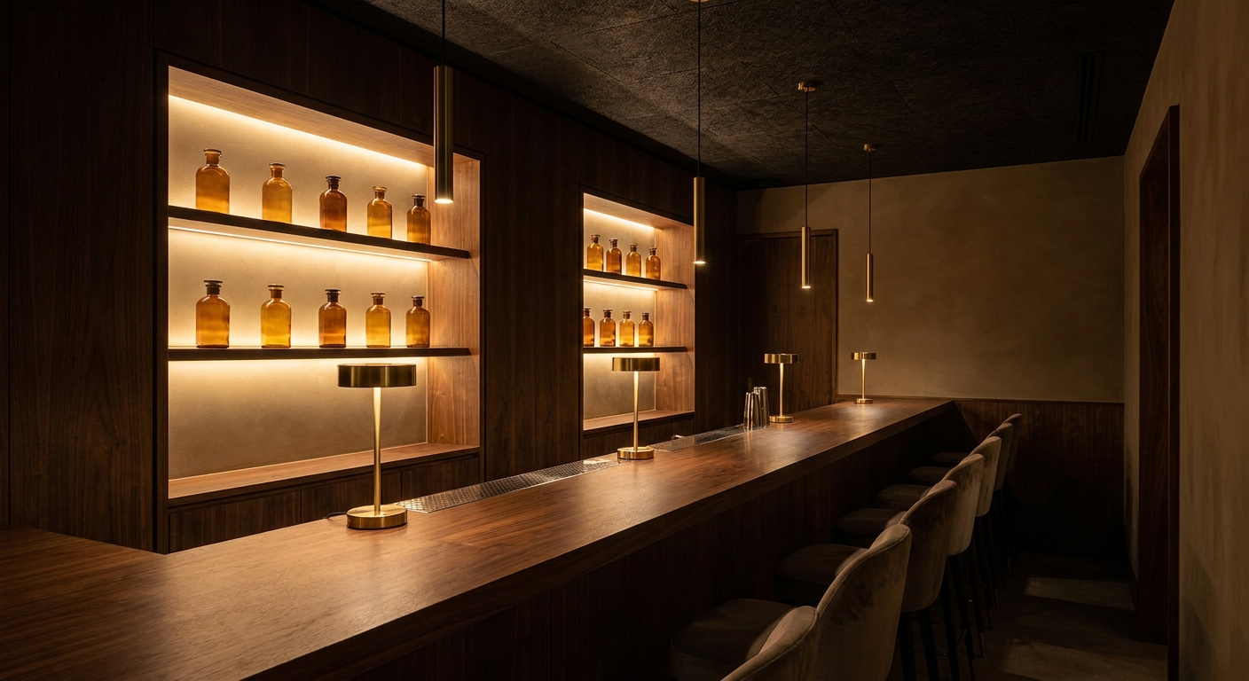Novi's bar counter with amber backlit spirits bottles and low mood lighting