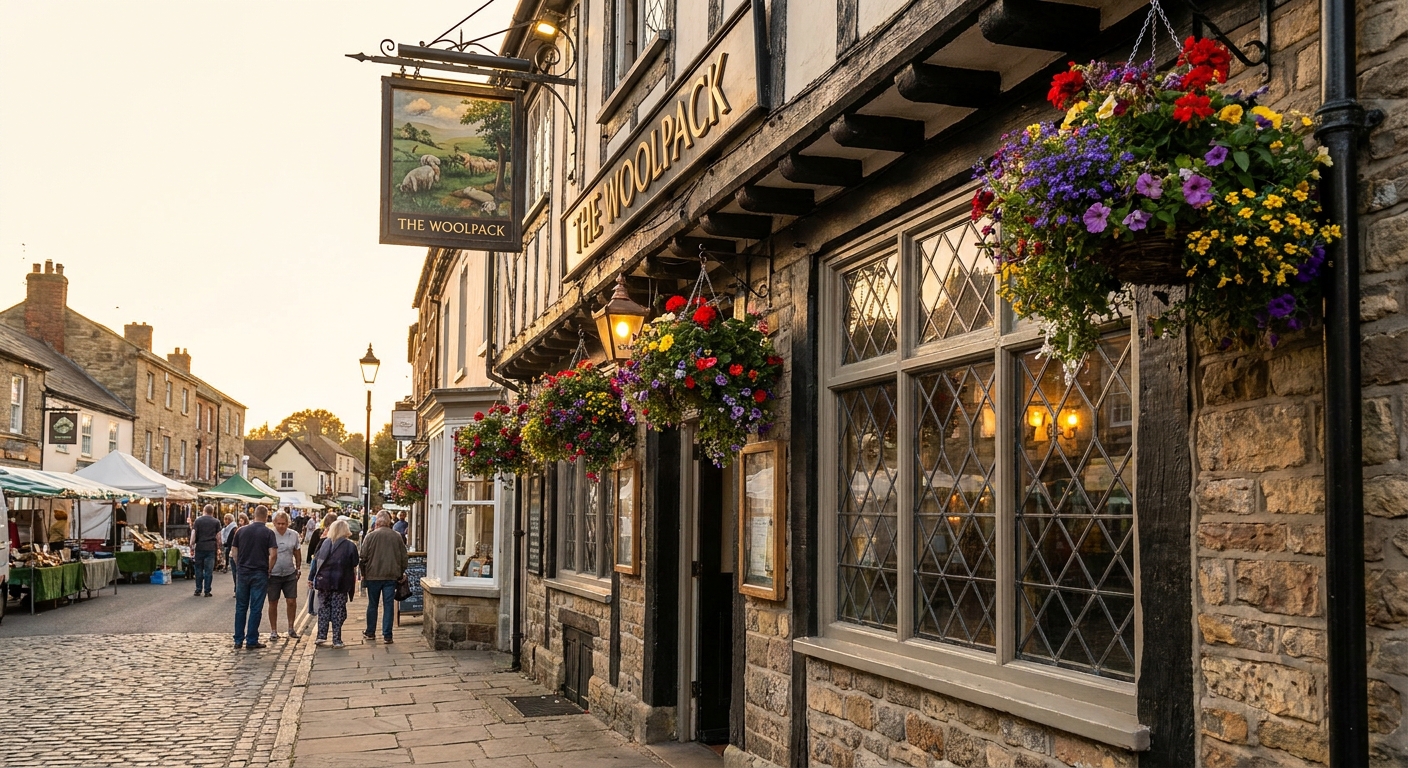 The Beehive's traditional pub frontage on Windhill with hanging baskets and a painted sign