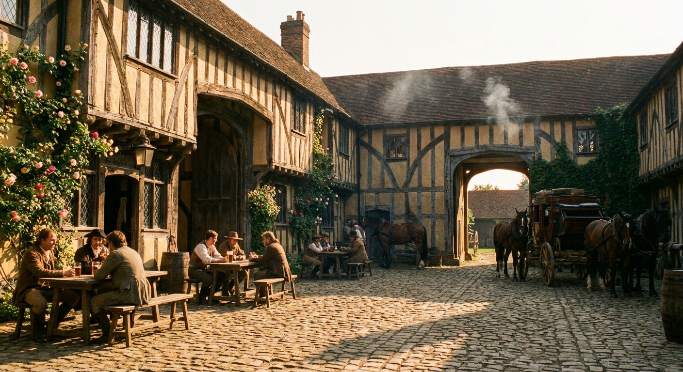 The Eagle's cobbled courtyard with timber beams and hanging baskets in afternoon light