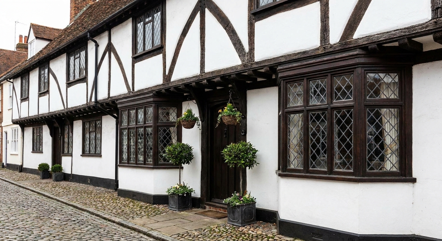 The Hand and Flowers frontage on West Street, a low whitewashed pub with small-paned windows