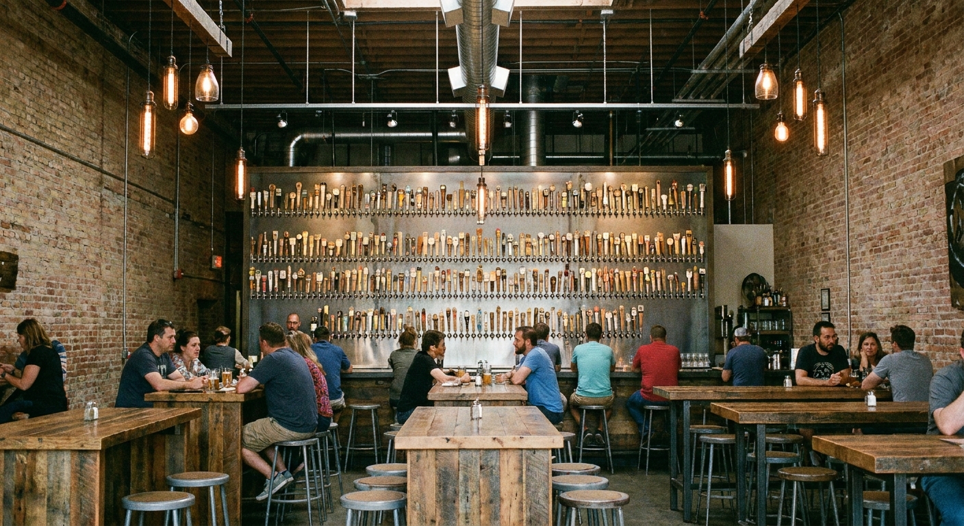 The Laboratory's tap wall with a dozen craft keg handles and illuminated menu boards