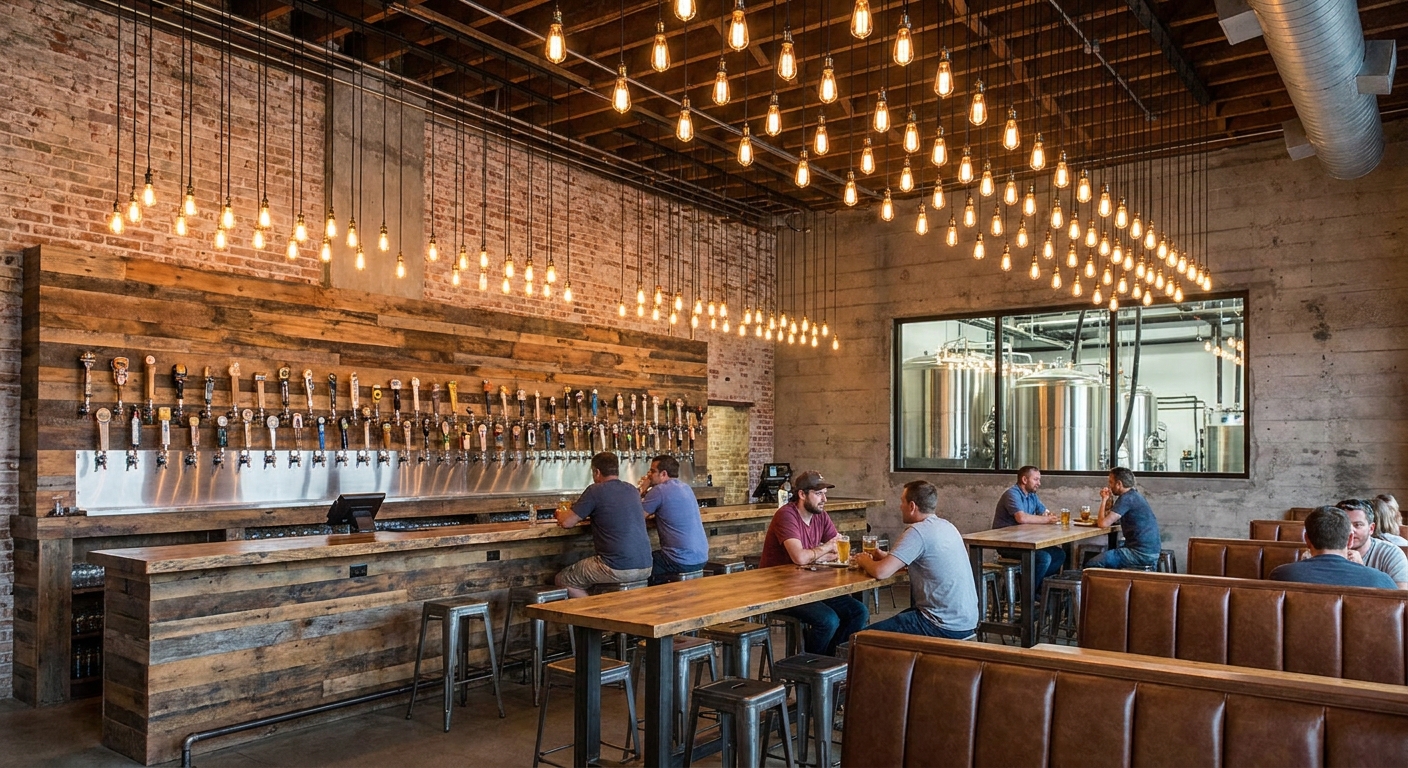 The Packhorse's tap wall and bare brick interior lit by pendant lights