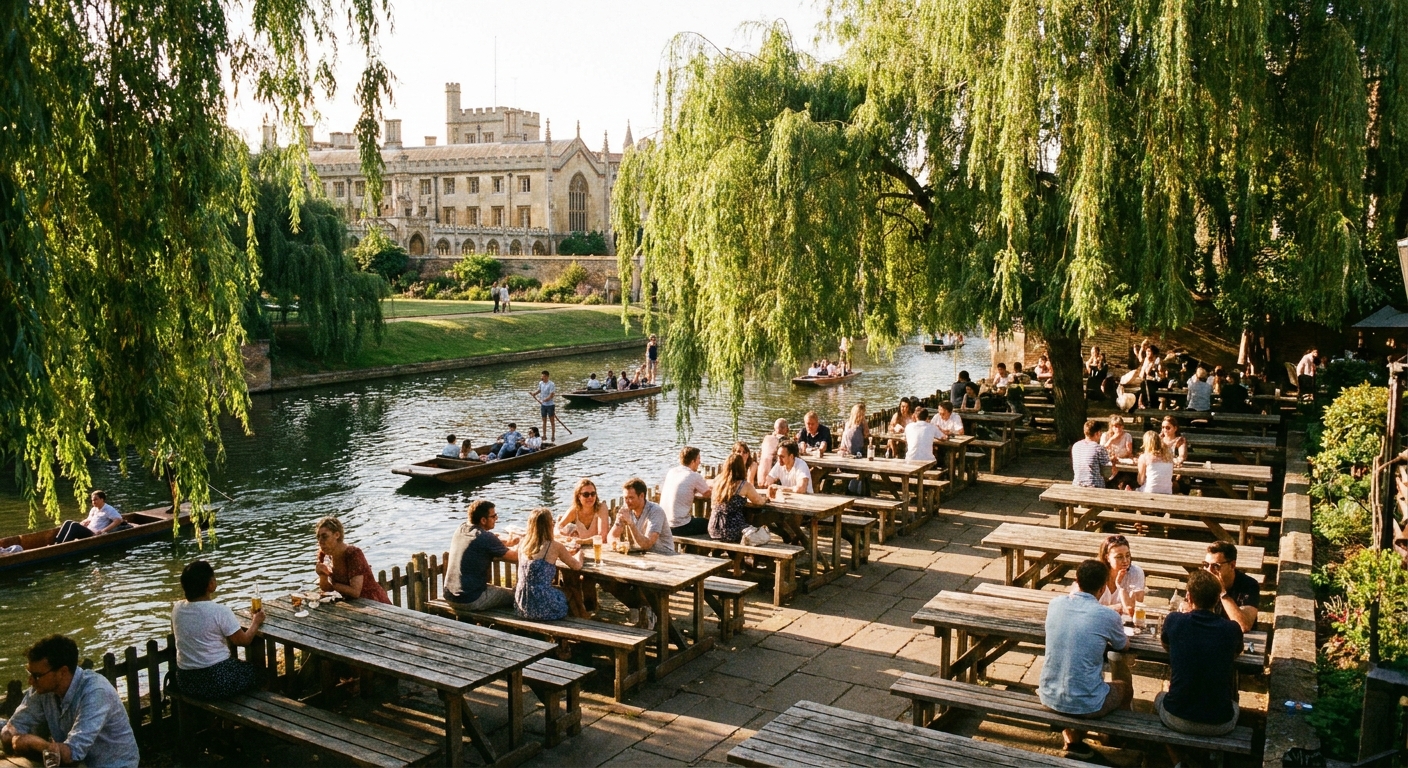 The Punter's riverside terrace in late afternoon sun, wooden tables and weeping willows