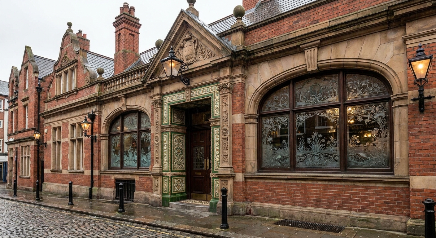 The Queen's Head Victorian pub front with tiled entrance and frosted glass windows