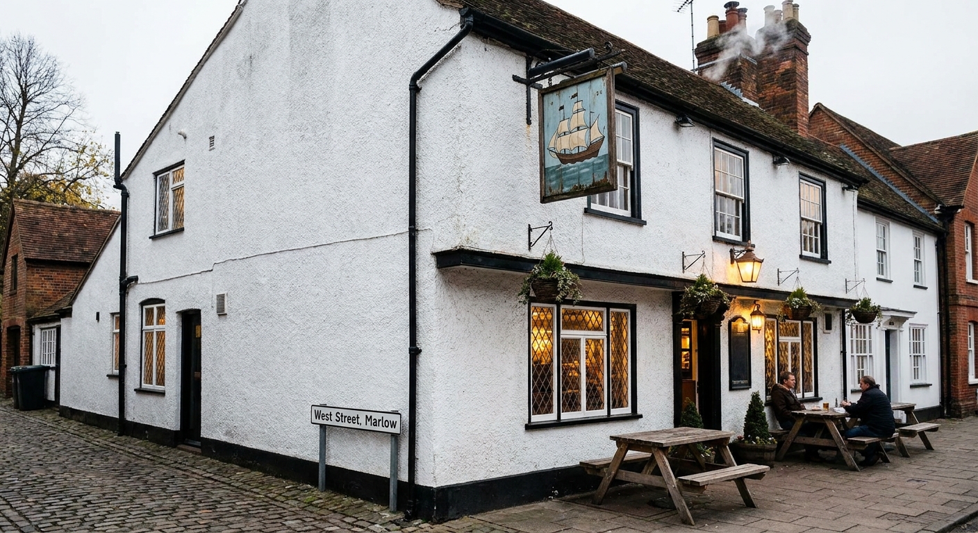 The Ship pub on West Street, a whitewashed building with a painted ship sign above the door