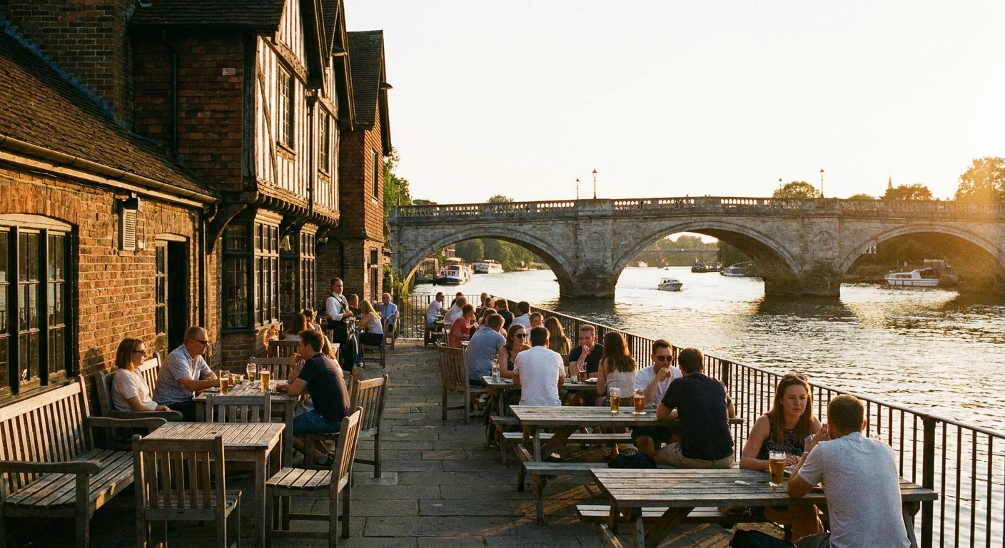 The Thames Court terrace with river views, outdoor furniture and the old bridge in background