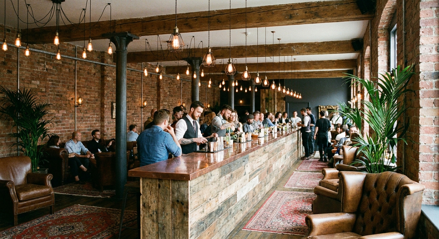 The Warehouse Bar's exposed brick interior with industrial lighting and a long cocktail bar