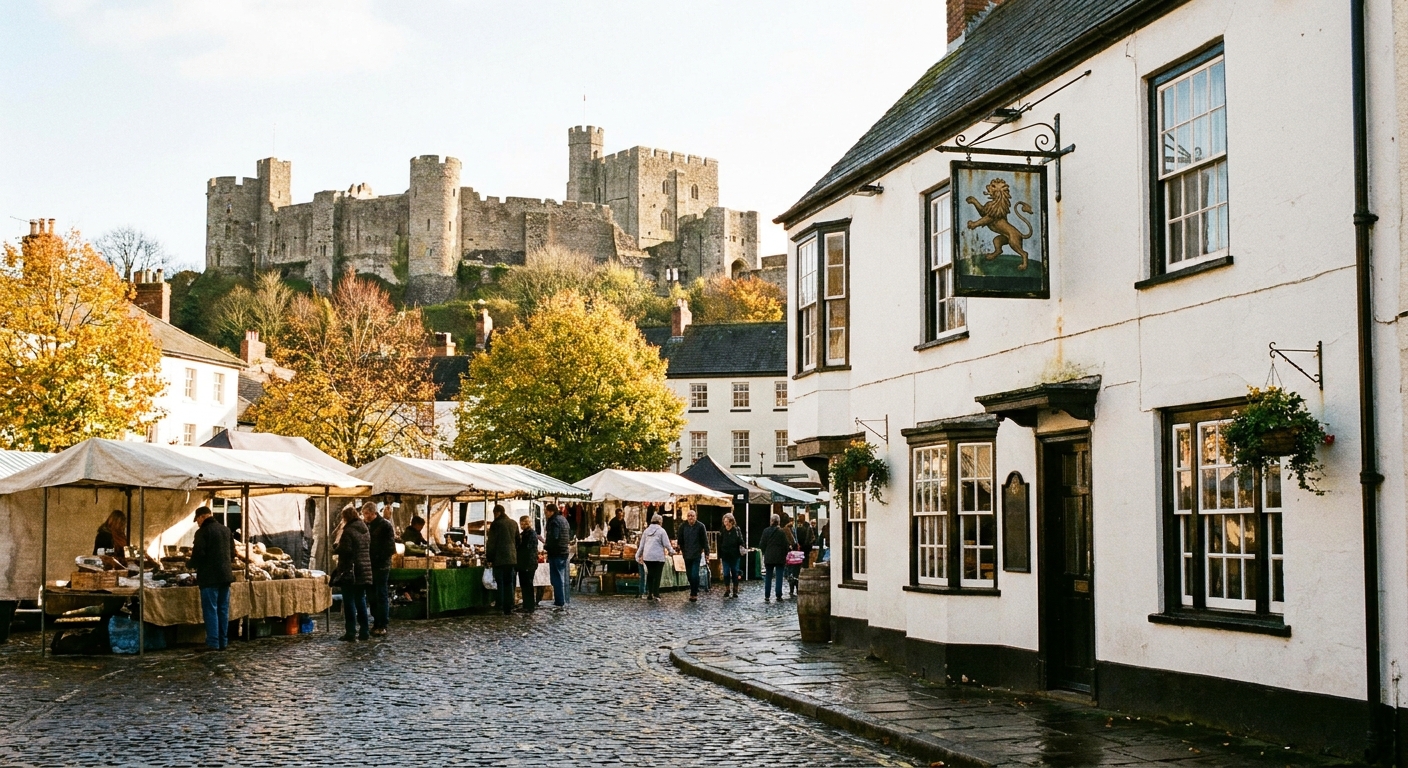 The White Hart's painted frontage on Bull Plain with the castle walls visible behind
