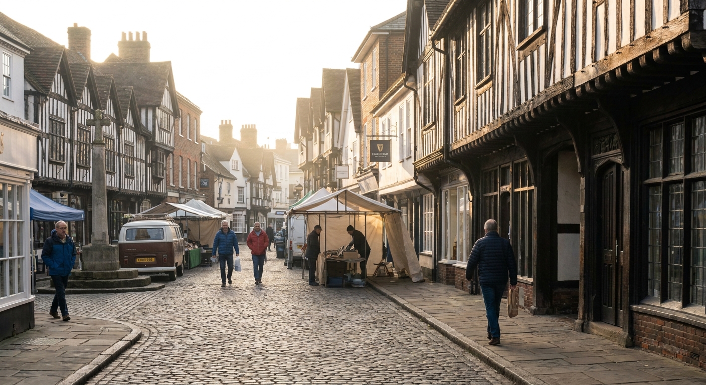 The timber-framed buildings of Bishops Stortford town centre on a clear autumn morning