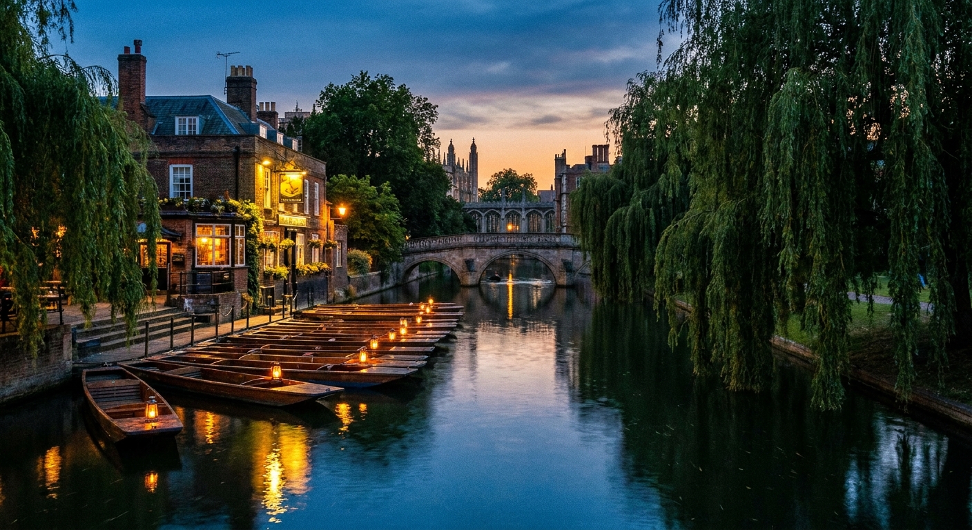 The River Cam at dusk with punts moored and pub lights reflected in the water