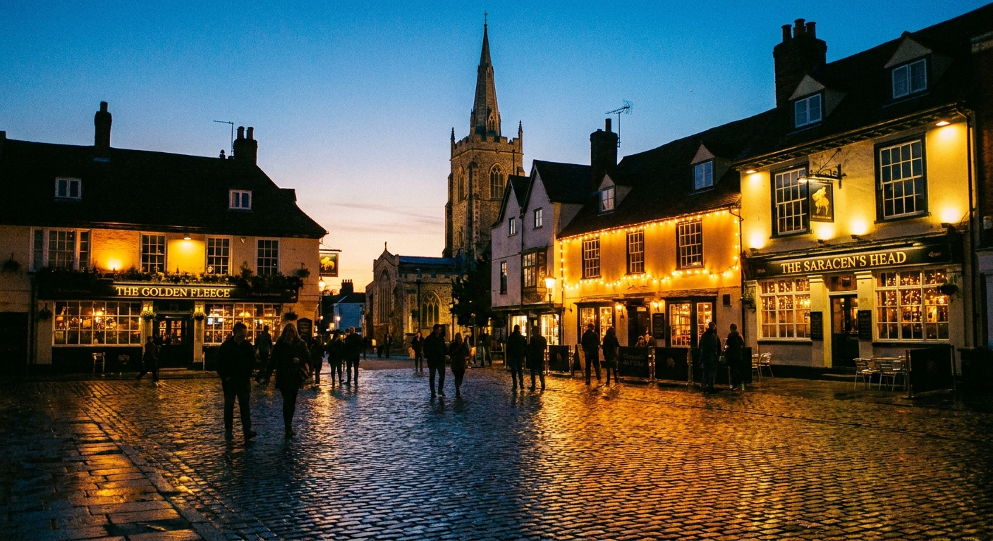Chelmsford's Tindal Square at twilight, warm lights from bars spilling onto the stone
