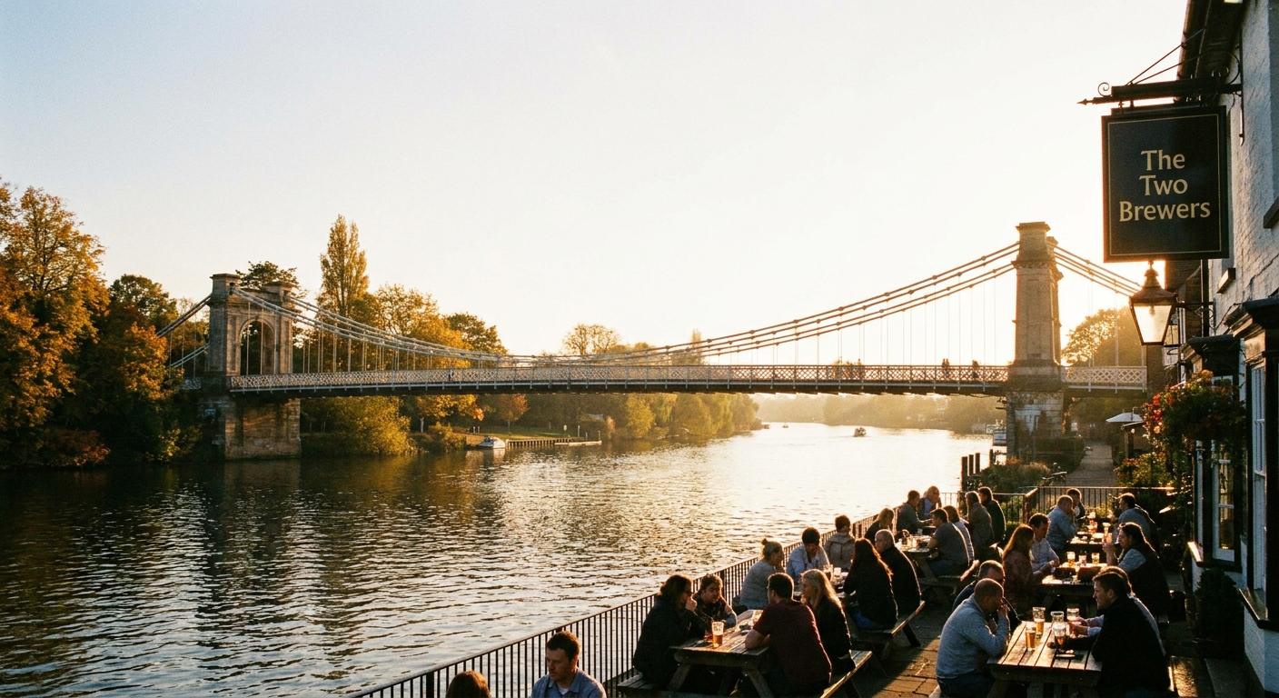 Marlow suspension bridge over the Thames at golden hour, a pub terrace visible in soft focus