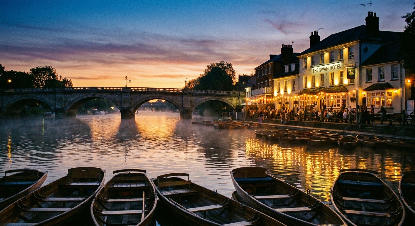 The Thames at Staines at dusk, a riverside pub terrace lit in amber with the old bridge visible