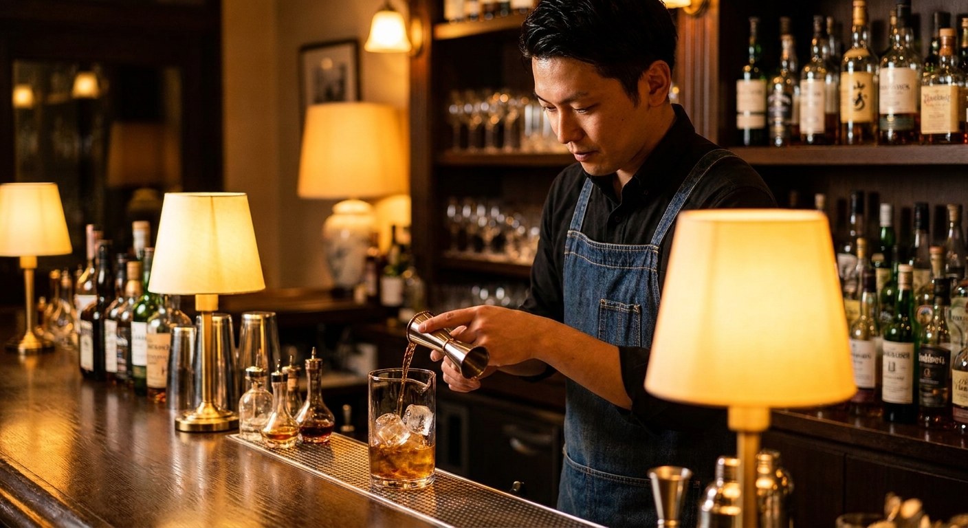 A bartender at work, carefully measuring a spirit into a mixing glass by amber light