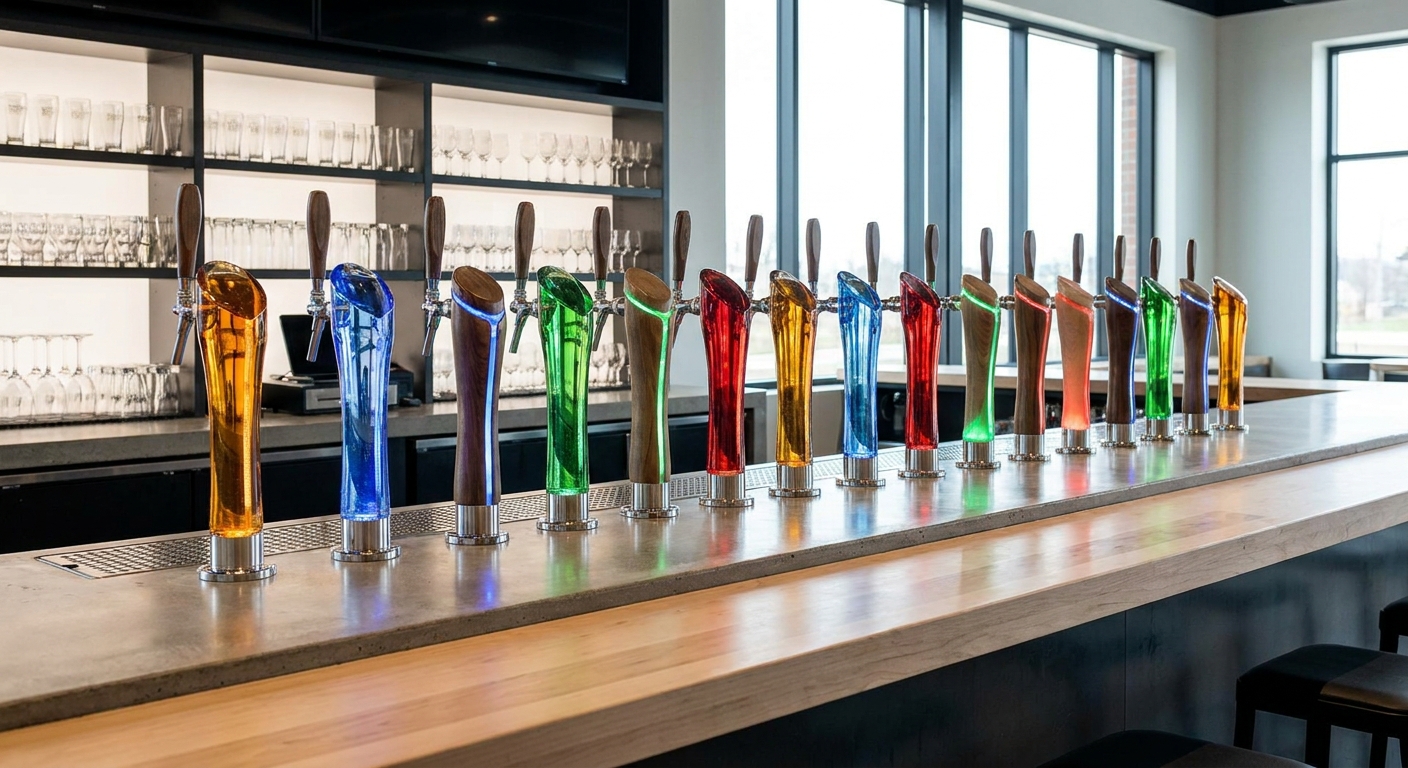A row of craft beer keg taps in a modern taproom, lit by industrial pendant lights