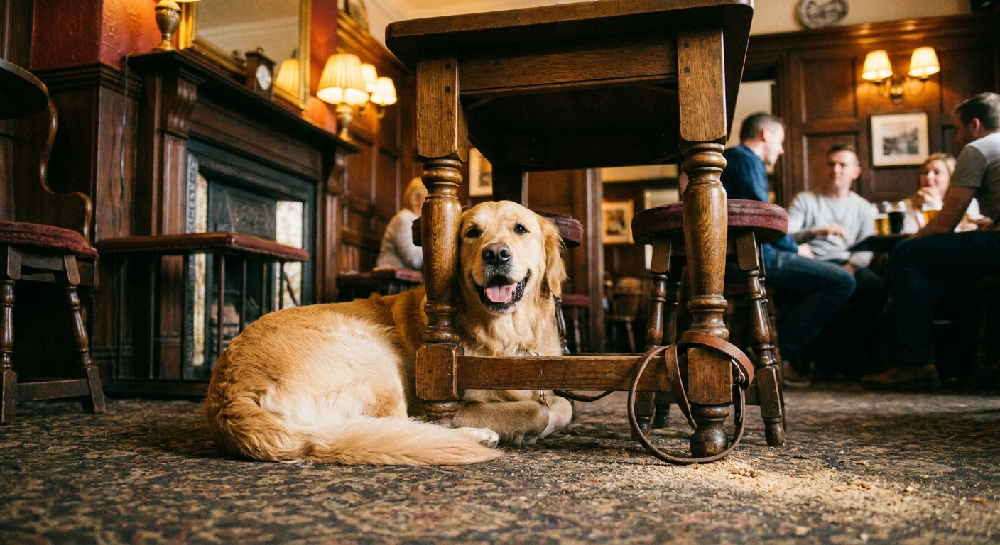 A dog lying contentedly under a pub table, a lead loosely attached to the table leg