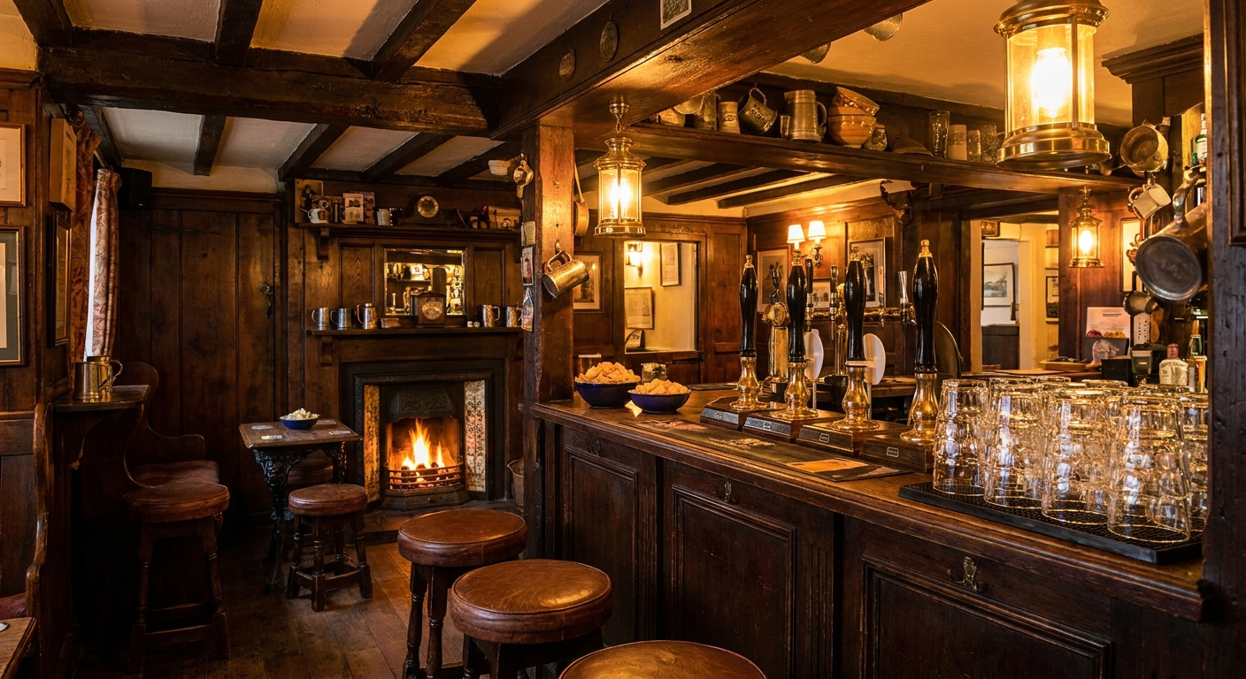 A traditional English pub bar counter with handpumps and a row of glasses