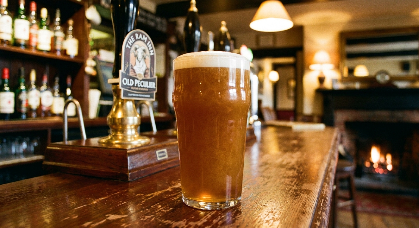 A perfectly pulled pint of real ale in a low-lit English pub, condensation on the glass
