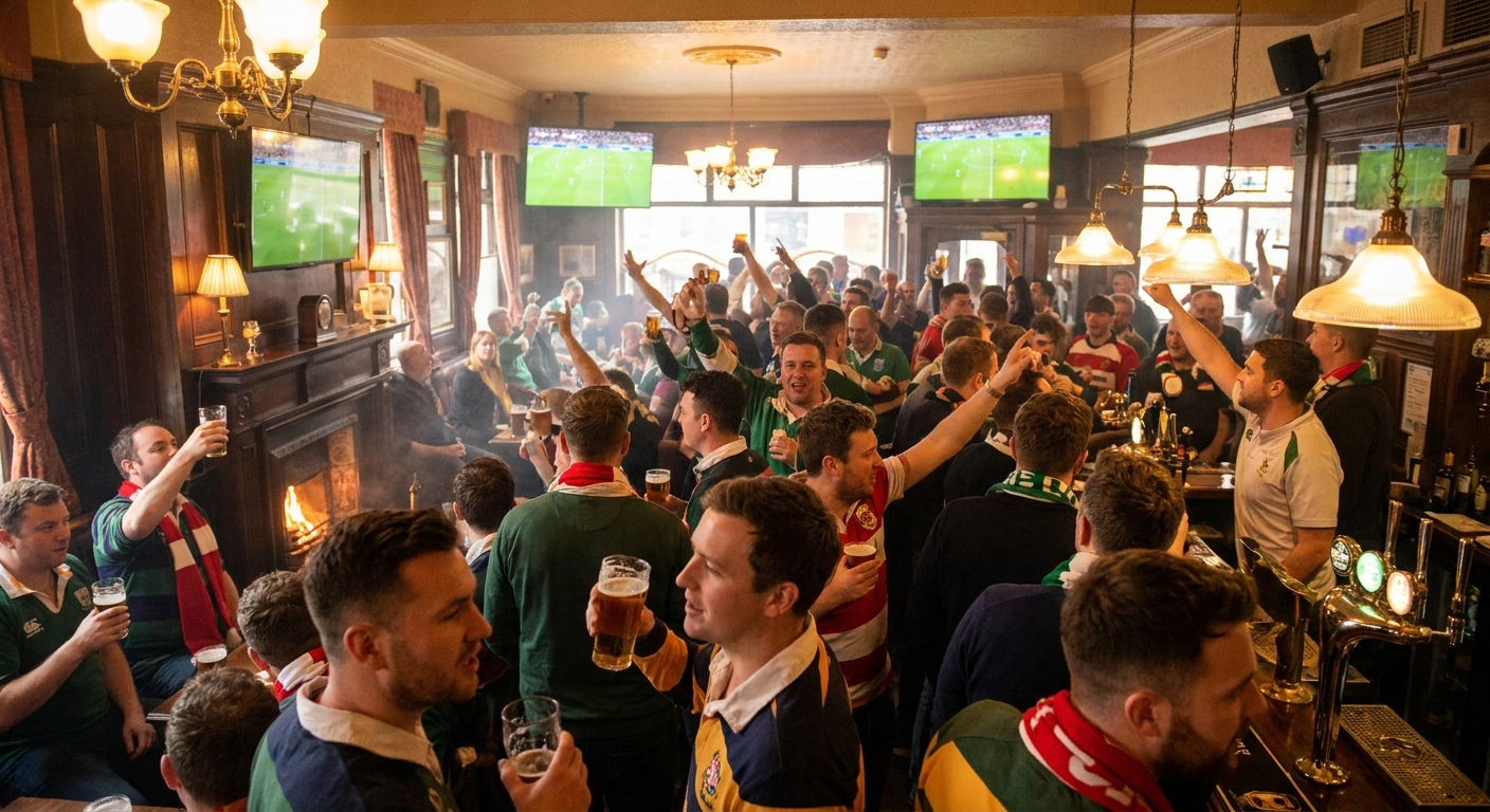 A pub screen showing live football, a packed room of drinkers watching intently