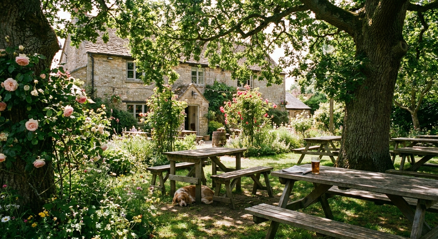 A quiet pub garden on a Sunday afternoon in early spring, dappled light through oak trees