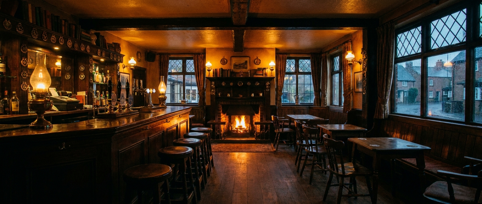 Warm amber light inside a historic English pub